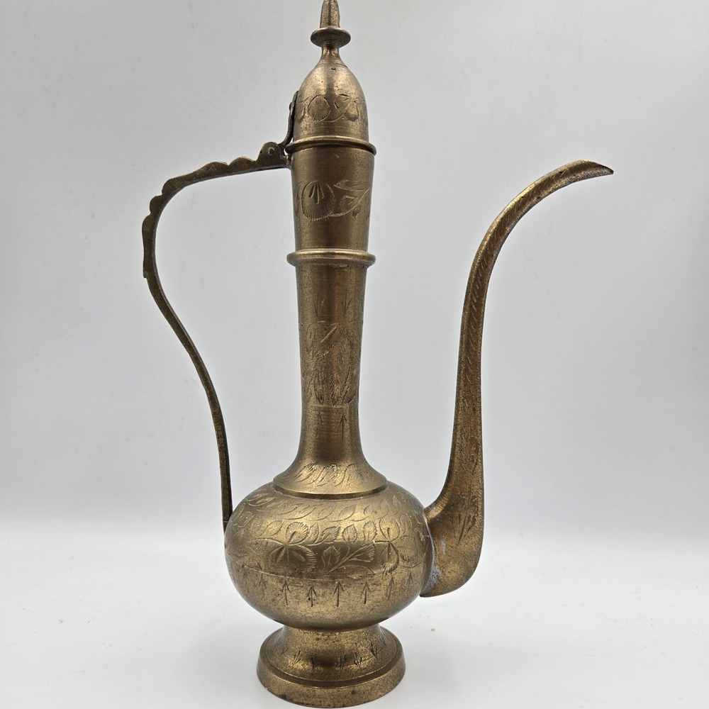 Vtg Engraved Brass Ewer Pitcher 10.5" Tall Islamic Moorish Boho Decor Teapot
